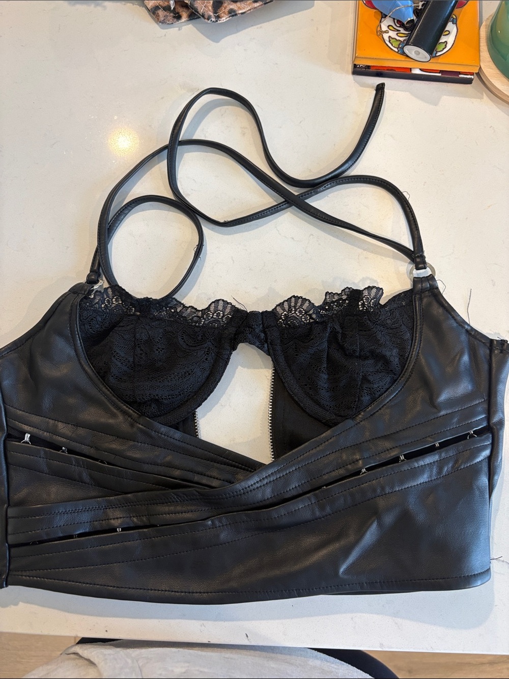 Outcast Faux Leather n’ Lace Crop Bustier Top